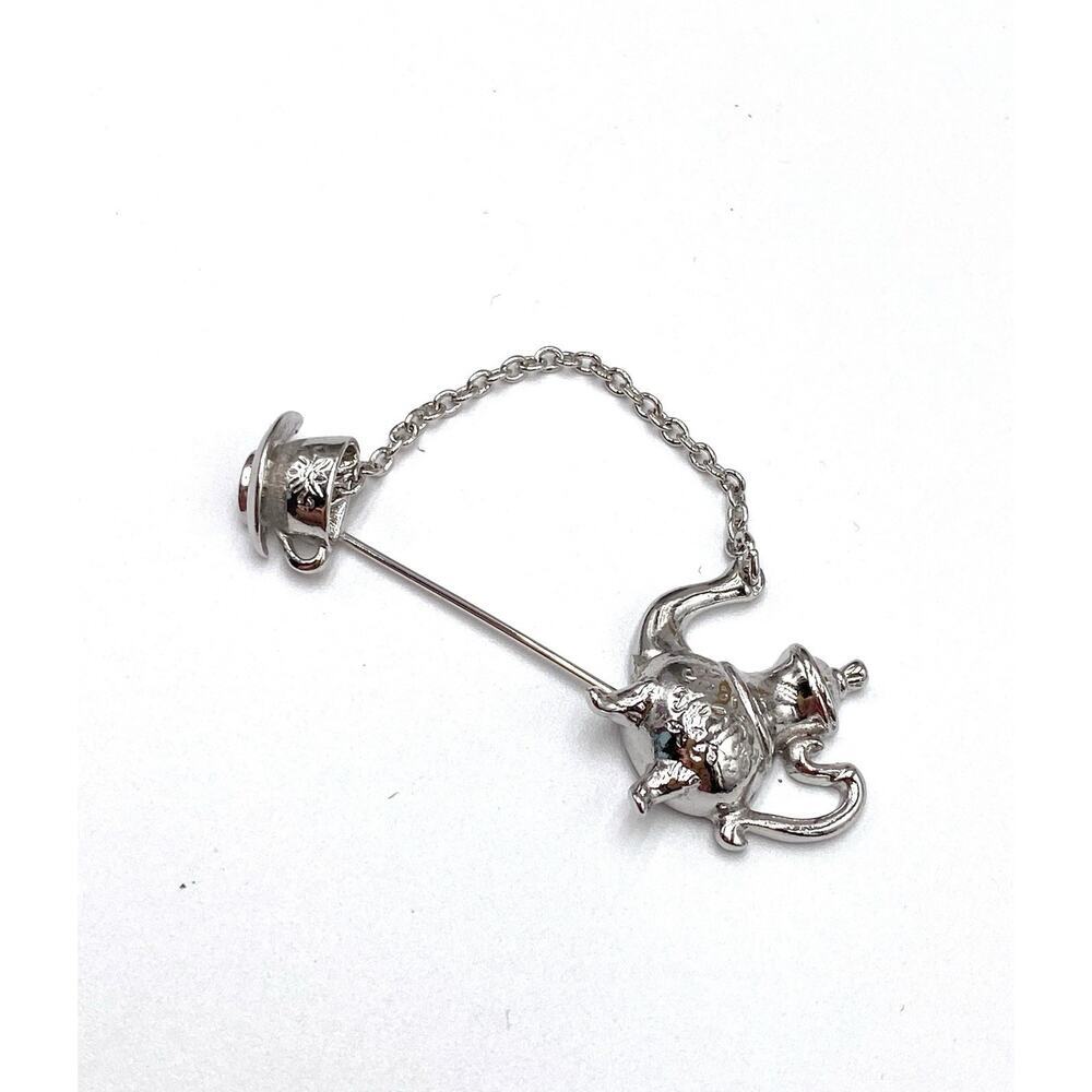 Avon Teapot Pin Silver Tone Hat Collar Stick Pin Tea Party Cup Brooch Vintage